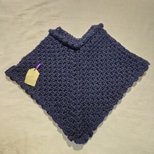 Hand Crafted girls size 2-5 years navy blue poncho scalloped trim NEW